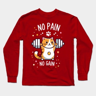 Funny No Pain No Gain Cute Cat Lifting Design Long Sleeve T-Shirt